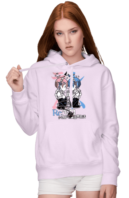 Women's hoodie with prints Re:Zero. Anime, drama, fantasy, manga, ram, re:zero, rem, thriller. 2070702