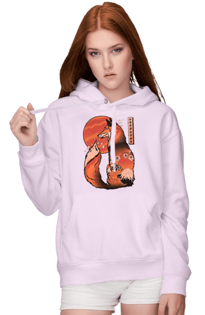 Women's hoodie with prints Kitsune. Animal, cherry blossoms, flowers, fox, great wave, japan, japanese, kitsune, mount fuji, red fox. 2070702