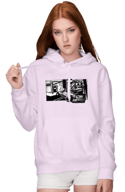 Women`s hoodie with prints Dangerous Car on the roads of the streets. Black and white, car, dangerous, fast, machine, race. 2070702