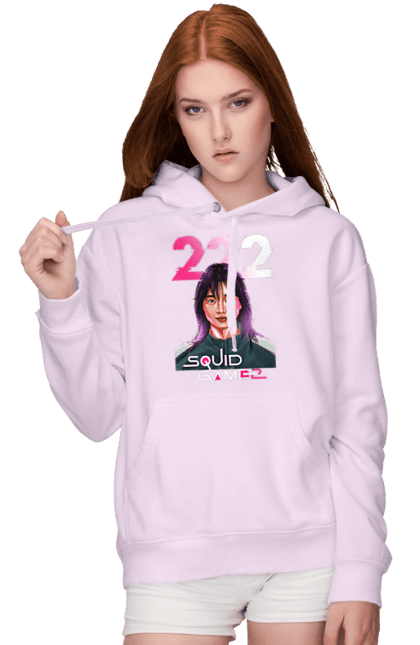 Женское худи с принтом Игра в кальмара Ким Чун Хи. 222, kim jun-hee, netflix, squid game, игра в кальмара, игрок 222, ким чун хи, нетфликс, сериал. 2070702