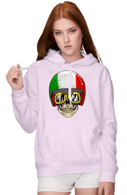 Women`s hoodie with prints Skull in a motorcycle helmet. Glasses, helmet, moto, skull. 2070702