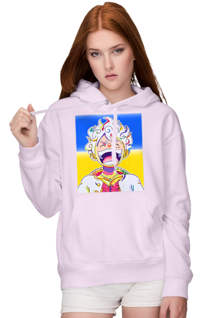 Жіноче худі з принтом "Монкі д Луффі сміється на жовто блактному фоні". Ван піс, луффі, монкі д. луффі, прапор україни, символ україни, україна. 2070702