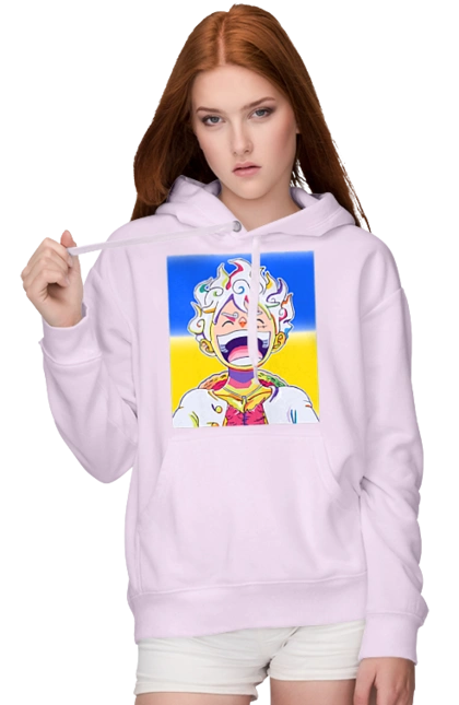 Monkey D Luffy laughing on a yellow blue background