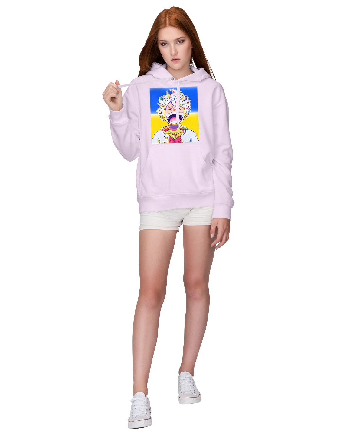 Monkey D Luffy laughing on a yellow blue background