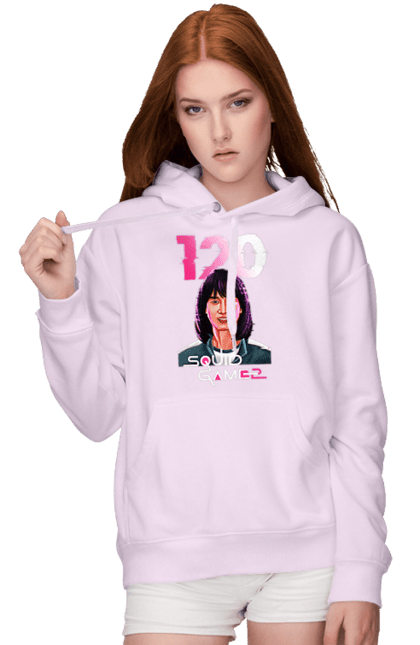 Женское худи с принтом Игра в кальмара Чо Хён Джу. 120, cho hyun-ju, netflix, squid game, игра в кальмара, игрок 120, нетфликс, сериал, чо хён джу. 2070702