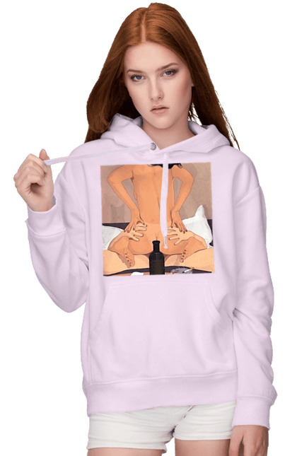 Women`s hoodie with prints Naked Girl, Bottle And Cigarettes. From above, naked. 2070702