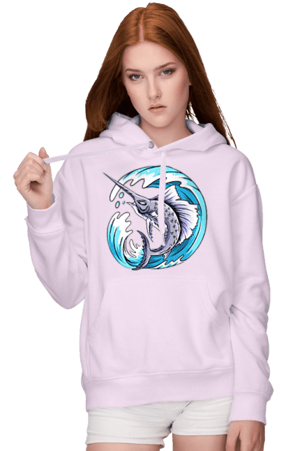 Women`s hoodie with prints Fish Sword And Wave. Swordfish, wave. 2070702