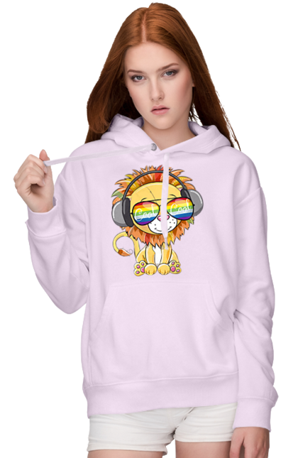 Women`s hoodie with prints Lion In Glasses And Headphones. Glasses, headphones, lion cub. 2070702