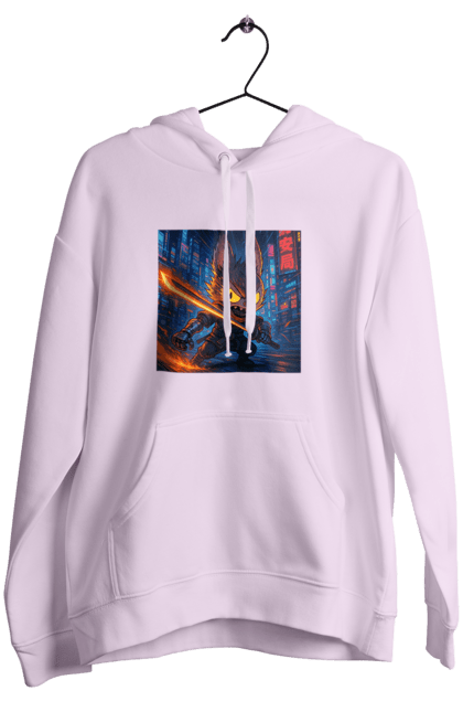 Жіноче худі з принтом "Лабубу". Аніместиль, дія, катана, кіберніндзя, кіберпанк, лабубу, меч, неонове місто, очі` що світяться. 2070702