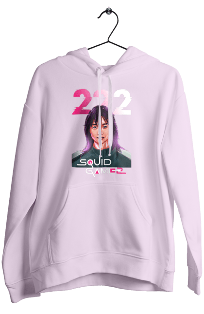 Женское худи с принтом Игра в кальмара Ким Чун Хи. 222, kim jun-hee, netflix, squid game, игра в кальмара, игрок 222, ким чун хи, нетфликс, сериал. 2070702