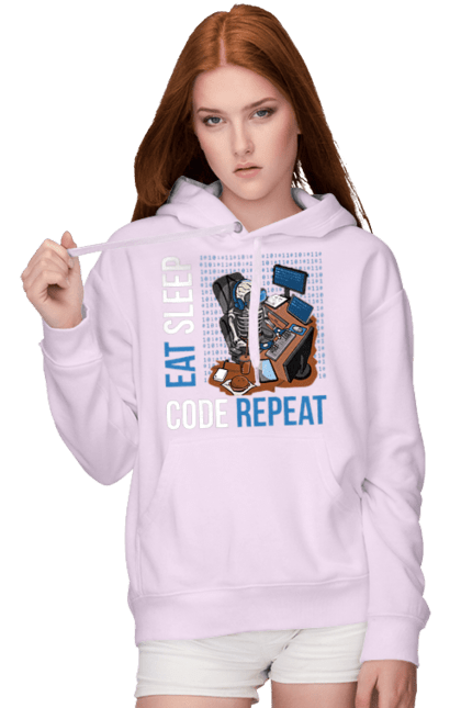Женское худи с принтом Ешь Cпи Кодь Повторяй. Айти, айтишник, для айтишника, для программиста, ешь cпи, кодь повторяй, подарок айтишнику, подарок программисту, программист, разработчик. 2070702