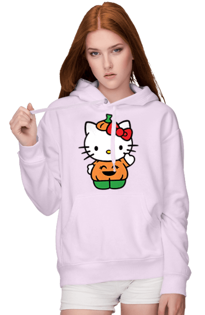 Women's hoodie with prints Hello Kitty Halloween. Brand, character, halloween, hello kitty, kitten, kitty, pumpkin. 2070702