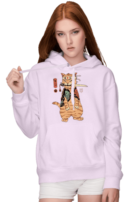 Жіноче худі з принтом "Кіт зинжалом в зубах". Карате, кинжал, китайський кіт, кіт, самурай, шабля, японський кіт. ART принт на футболках