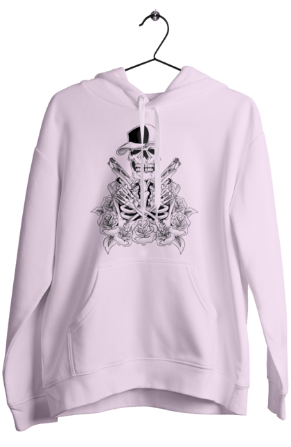 Women's hoodie with prints Skeleton with pistols. Black and white, bones, cap, gun, roses, scull, skeleton, teeth. 2070702