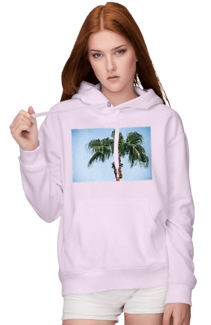 Women`s hoodie with prints Palm tree against the sky. Adventure, blue, coast, egypt, foliage, green, island, leaves, oasis, ocean, palm, recreation, sea, sheet, sky, south, travel, tropics, turkey, vacation. 2070702