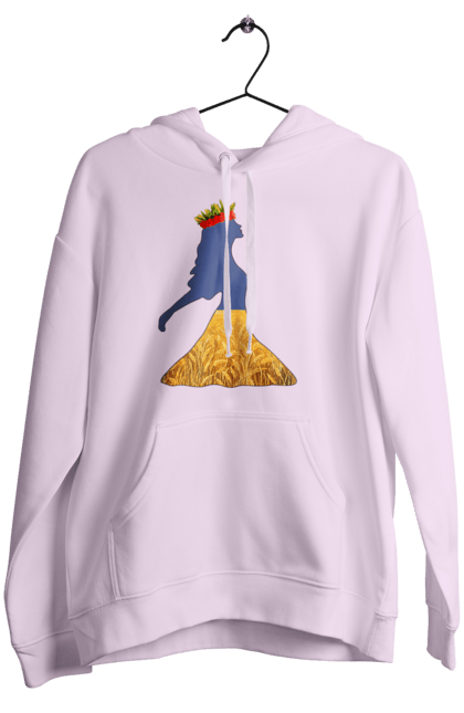 Women`s hoodie with prints Ukraine. Girl, national colors, poppies, sky, wheat field, wreath, yellow blue. 2070702
