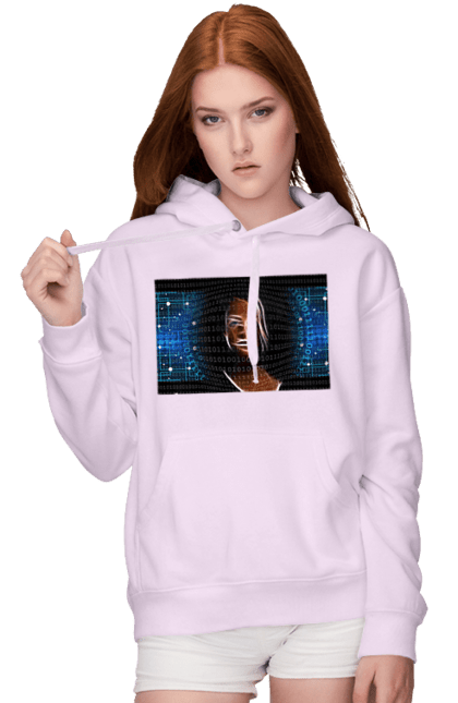 Women`s hoodie with prints Artificial Intelligence. Artificial intelligence, brain, chip, code, comp, computer, crystal, cyber, cybernetics, cyborg, developer, engineer, geek, glows, hacker, intelligence, it, it specialist, knowledge, light, luminous, machine learning, microcircuit, mind, portrait, profession, professional, programmer, woman. 2070702
