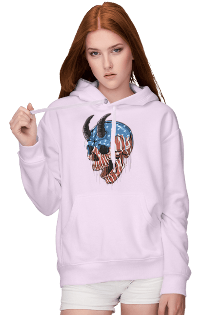 Women's hoodie with prints Skull with horns. America, bones, dye, flag, horns, scull, states, teeth, usa. 2070702