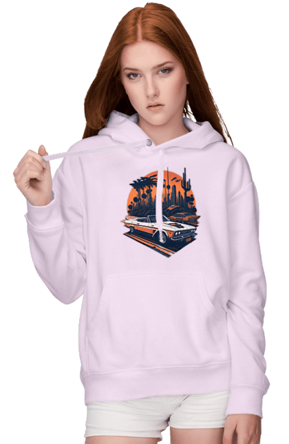 Женское худи с принтом Красивая машина на закате. Авто, закат, закат, отклонить, солнце. 2070702