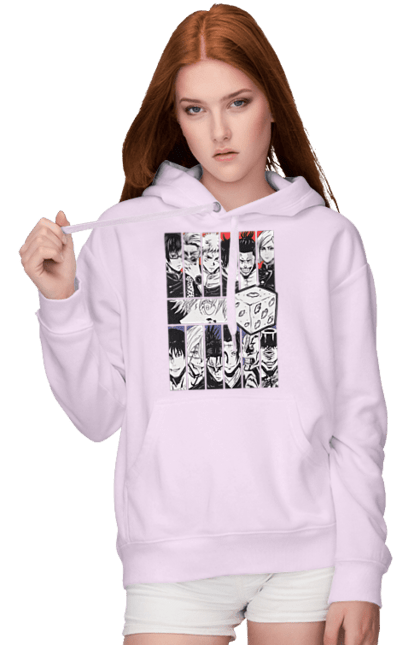 Women's hoodie with prints Jujutsu Kaisen. Anime, dark fantasy, gojo, jujutsu kaisen, magic battle, manga, mystic. 2070702