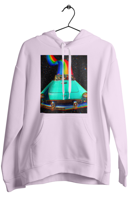 Жіноче худі з принтом "Картина, машина у космосі". Веселка, картина, космос, машина, подорожі, поїздка, прикол, ретро. 2070702