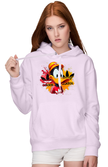 Женское худи с принтом Даффи Дак Adidas. Adidas, daffy duck, looney tunes, merrie melodies, warner brothers, даффи дак, мультфильм, персонаж, утка даффи. 2070702