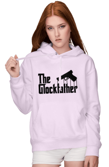 Женское худи с принтом The GlockFather. Gangster, glockfather, godfather, godfather reference, гангстер, глок, огнестрельное оружие, оружие, пистолет. 2070702