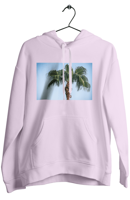 Women`s hoodie with prints Palm tree against the sky. Adventure, blue, coast, egypt, foliage, green, island, leaves, oasis, ocean, palm, recreation, sea, sheet, sky, south, travel, tropics, turkey, vacation. 2070702