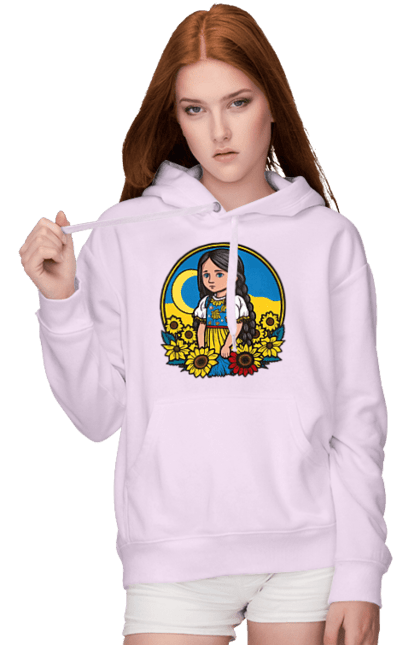 Women`s hoodie with prints Cute Ukrainian girl. Blue, flag of ukraine, made in ukraine, patriots of ukraine, support ukraine, ukraine, ukrainian, ukrainian girl, yellow, yellow-blue. 2070702