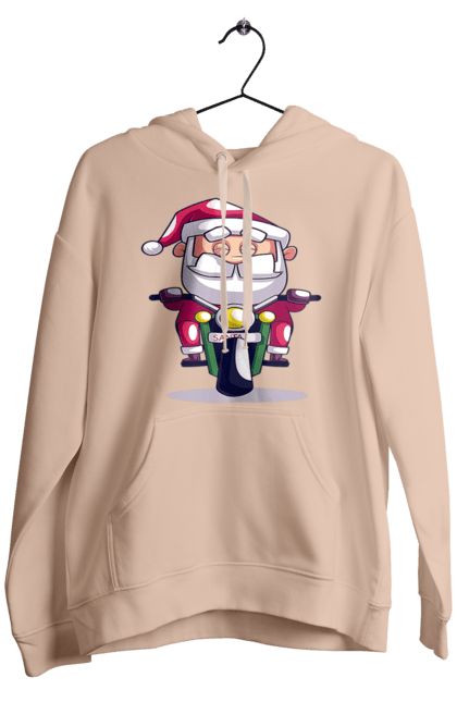 Чоловіче худі з принтом "Щасливий Санта на мотоциклі". 2022, дід мороз, зима, мотоцикл, новий рік, різдво, санта, сніг. 2070702