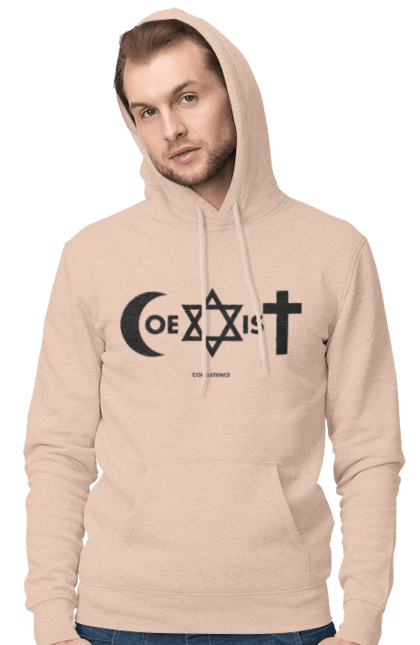 Чоловіче худі з принтом "Coexist". Coexist, іслам, іудаїзм, міжрелігійний діалог, релігія, рівність, символи віри, толерантність, християнство. 2070702