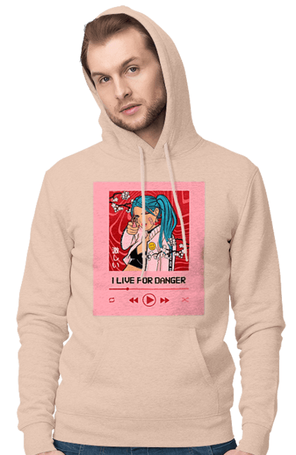 Men`s hoodie with prints I Live For Danger. Anime, music, pistol, turntable. 2070702