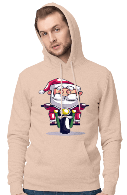 Чоловіче худі з принтом "Щасливий Санта на мотоциклі". 2022, дід мороз, зима, мотоцикл, новий рік, різдво, санта, сніг. 2070702