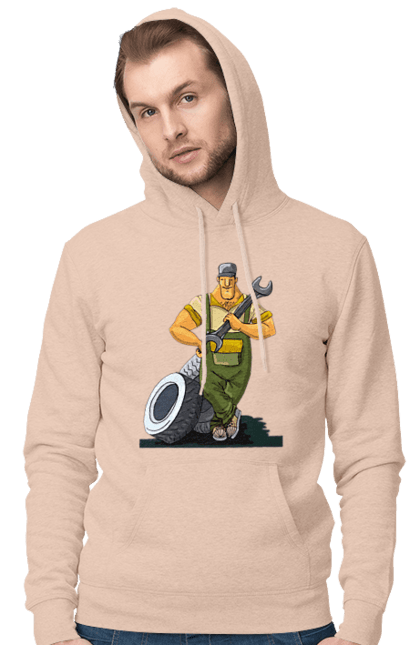 Men`s hoodie with prints Car Mechanic. Profession, wheels, wrench. 2070702