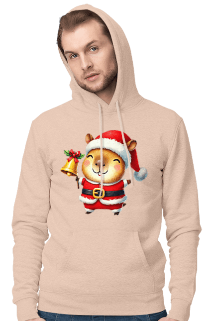 Men's hoodie with prints Funny capybara with a bell. Animal, bell, capybara, christmas, christmas capybara, gift, holiday, new year, new year`s gift, santa. 2070702