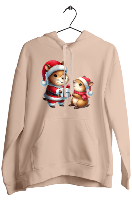 Men's hoodie with prints Christmas Capybara with a Gift. Animal, capybara, christmas, christmas capybara, gift, holiday, new year, new year`s gift, santa. 2070702