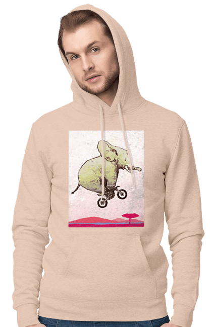 Men`s hoodie with prints Elephant On A Motorcycle. Elephant, flight, motorcycle. 2070702