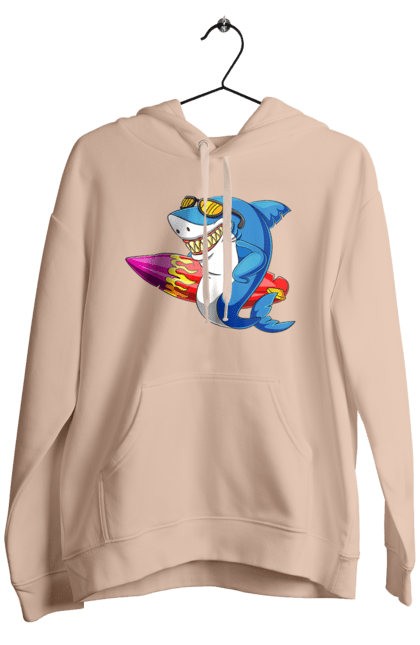 Men`s hoodie with prints Shark With Glasses Surfing. Glasses, shark, summer, surfing. 2070702