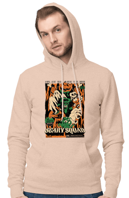 Men's hoodie with prints Halloween Scary Squad. Costume, ghost, halloween, holiday, october, october 31, pumpkin, skeleton, sweets, trick or treat. 2070702