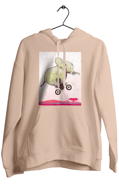Men`s hoodie with prints Elephant On A Motorcycle. Elephant, flight, motorcycle. 2070702