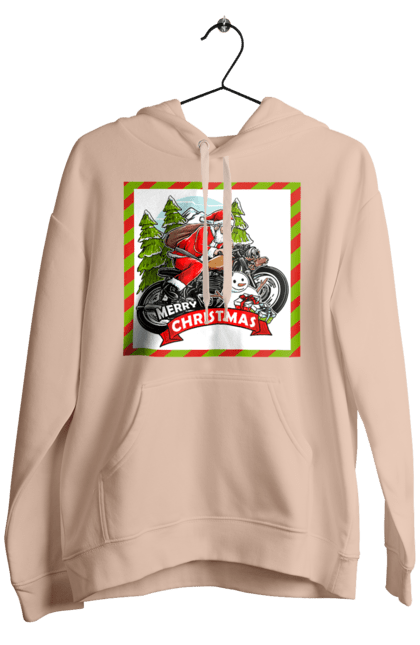 Men`s hoodie with prints Santa on a motorcycle. Christmas, motorcycle, new year, presents, santa, snowman, tree. 2070702