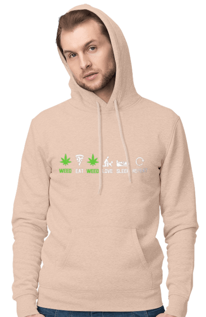 Men`s hoodie with prints Eat, love, sleep, repeat. Dream, eat, love, pizza, repeat, sex, sleep, weed. 2070702