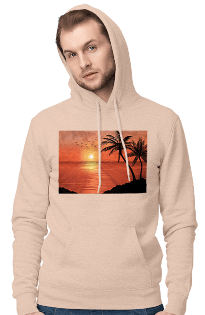 Чоловіче худі з принтом "Захід Пальми Море". Берег, захід, море, пальми. 2070702