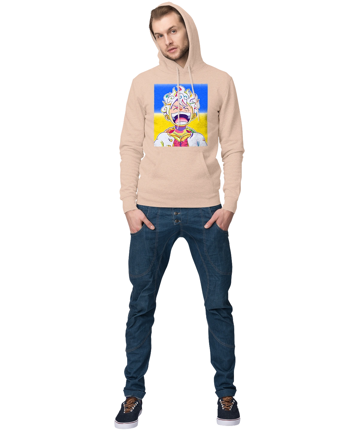 Monkey D Luffy laughing on a yellow blue background