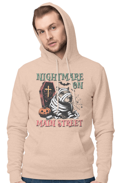 Men's hoodie with prints Capybara Halloween. Animal, capybara, ghost, halloween, holiday, moon, mummy, pumpkin, rodent. 2070702