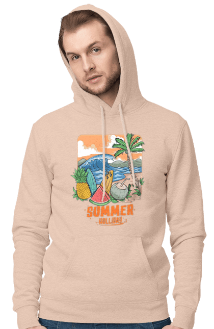 Men`s hoodie with prints Summer Holidays. Palm, sea, summer, waves. 2070702