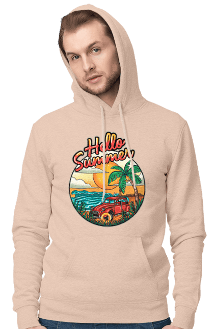 Men`s hoodie with prints Hello Summer, Car By The Sea. Beach, island, palm, summer. 2070702