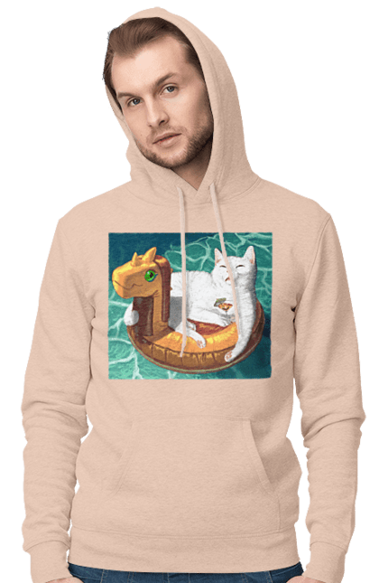 Чоловіче худі з принтом "Білий кіт у плавальному колі, на відпочинку". Басейн, відпочинок, кіт, коктейль, море, плавальний круг. 2070702