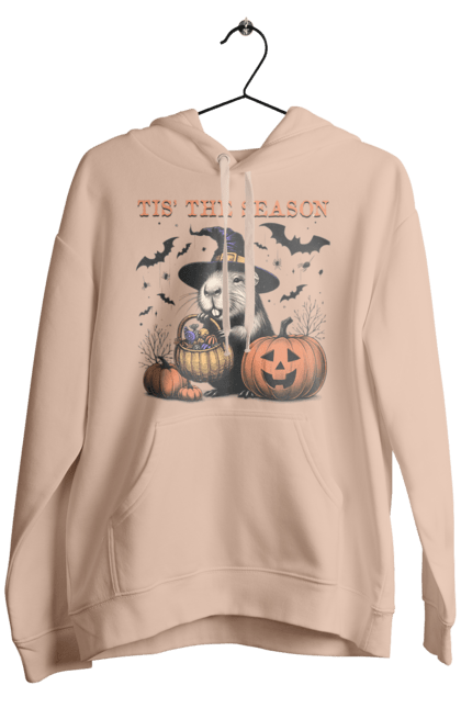 Men's hoodie with prints Capybara Halloween. Animal, capybara, ghost, halloween, holiday, moon, pumpkin, rodent, witch. 2070702