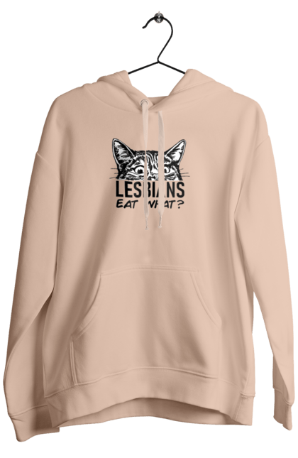 Men`s hoodie with prints What do lesbians eat?. Funny inscriptions, humor, jokes, kittens, lesbians, lgbt. 2070702